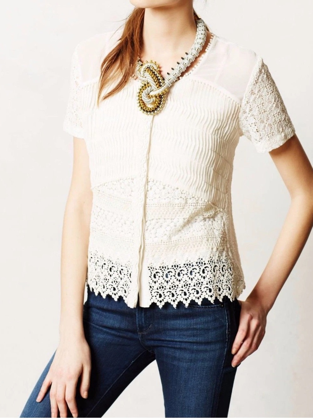 Anthropologie Cream Lace & Pleated Short-Sleeve Blouse